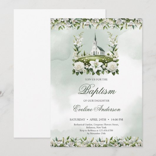 Katholieke Kerk waterverf Lelies & rozen Doop Kaart (Voorkant / Achterkant)