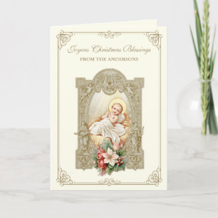 Katholieke Kerst baby Jezus Poinsettia Bloemstuk Feestdagen Kaart