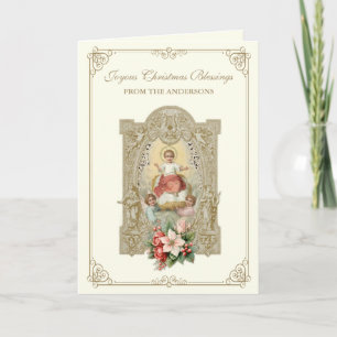 Katholieke Kerst baby Jezus Poinsettia Bloemstuk Feestdagen Kaart