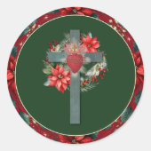 Katholieke Kerst Heilig Hart en Poinsettia Ronde Sticker (Voorkant)