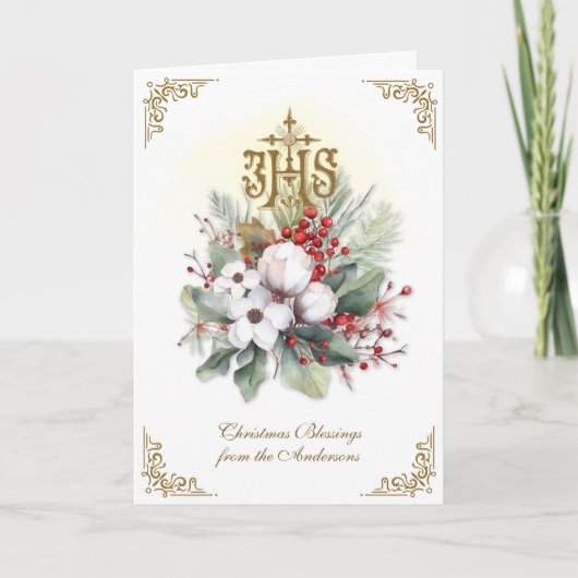Katholieke Kerst IHS Bloemige Poinsettia Feestdagen Kaart (Voorkant)
