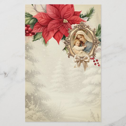 Katholieke Kerst Maria Jezus Poinsettias Briefpapier (Voorkant)