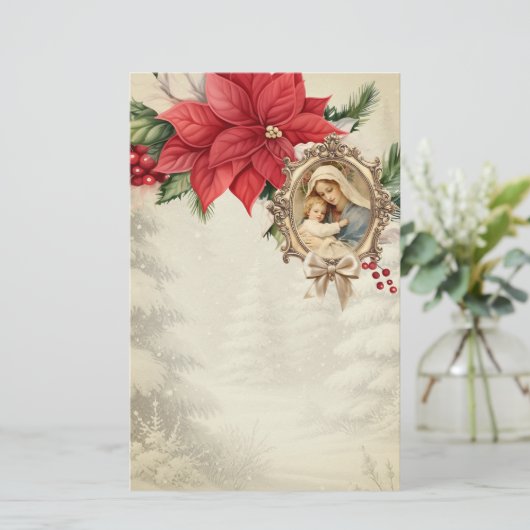 Katholieke Kerst Maria Jezus Poinsettias Briefpapier (Staand voorkant)