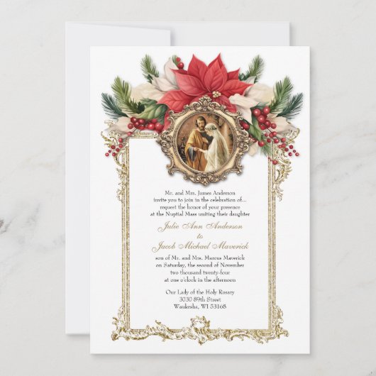 KATHOLIEKE KERST POINSETTIA BRUILOFT UITNODIGINGEN (Voorkant)