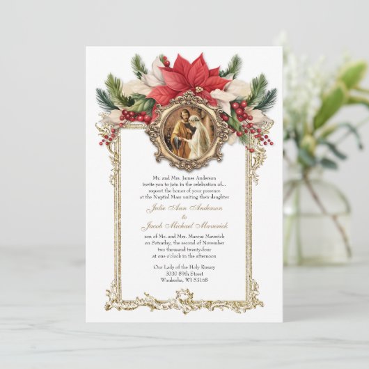 KATHOLIEKE KERST POINSETTIA BRUILOFT UITNODIGINGEN (Staand voorkant)