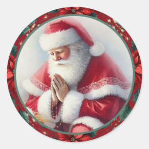 Katholieke Kerstman met Rozenkrans Poinsettia's Ronde Sticker