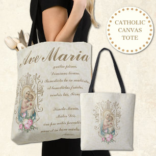 Katholieke Maagd Maria Ave Maria Baby Jesus Floral Tote Bag