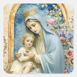 Katholieke Maagd Maria Baby Jesus Floral Vierkante Sticker