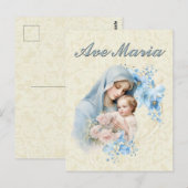 Katholieke Maagd Maria Jezus Blauw Bloemen Ave Mar Briefkaart (Voorkant / Achterkant)