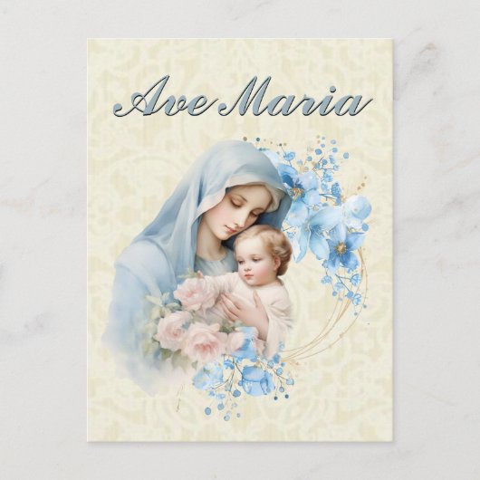 Katholieke Maagd Maria Jezus Blauw Bloemen Ave Mar Briefkaart (Voorkant)