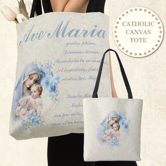 Katholieke Maagd Maria Jezus Blauw Bloemen Ave Mar Tote Bag