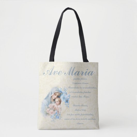 Katholieke Maagd Maria Jezus Blauw Bloemen Ave Mar Tote Bag (Voorkant)