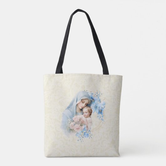 Katholieke Maagd Maria Jezus Blauw Bloemen Ave Mar Tote Bag (Achterkant)