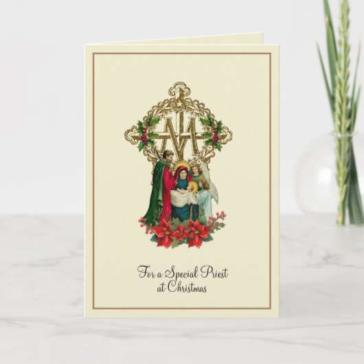Katholieke Maagd Maria Jezus Priester Poinsettias Kaart (Voorkant)