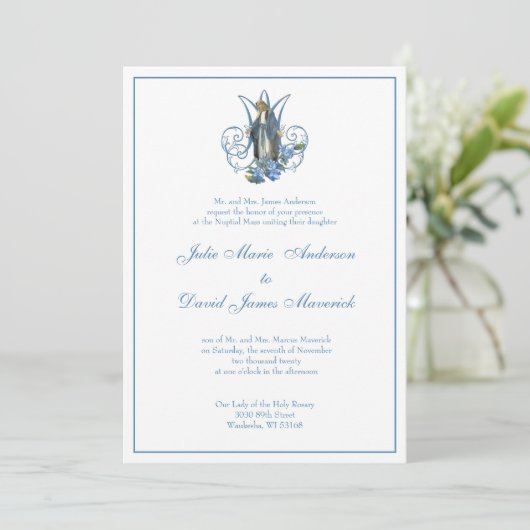 Katholieke Maagd Mary Blue Floral Wedding Kaart (Staand voorkant)