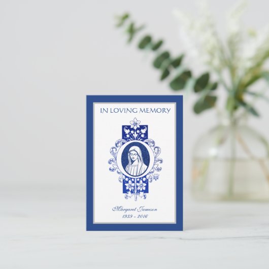 Katholieke Maagd Mary Blue Funeral Sympathie Praye Plaatskaartje (Staand voorkant)