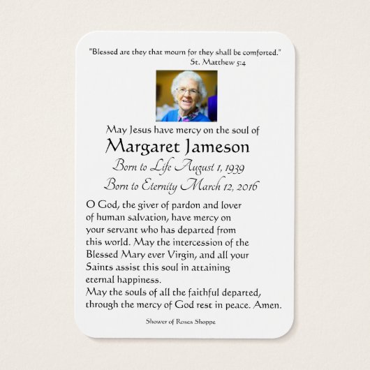 Katholieke Maagd Mary Funeral Prayer Memorial Card Visitekaartje (Achterkant)