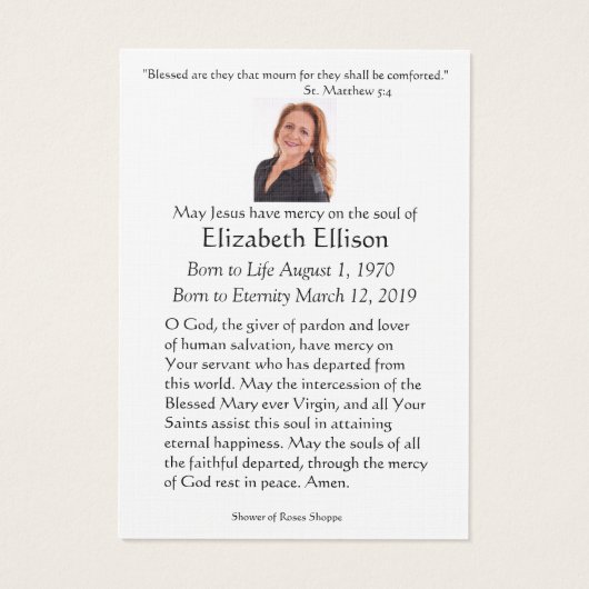 Katholieke Maagd Mary Jesus Funeral Prayer Kaart (Achterkant)