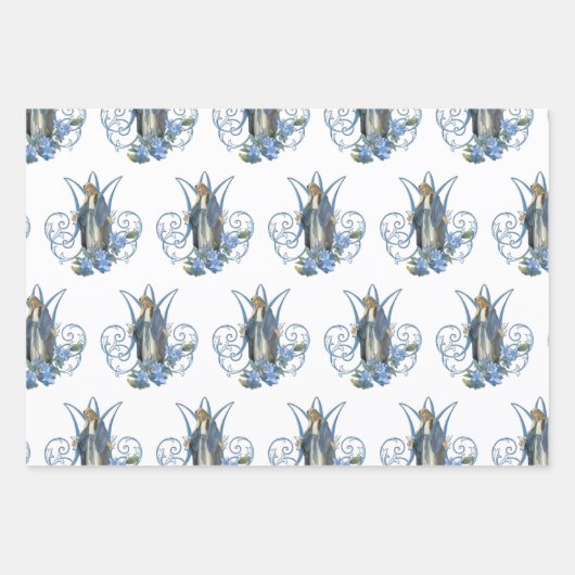 Katholieke Maagd Mary Religieuze Blauwe Floral  Inpakpapier Vel (Voorkant)