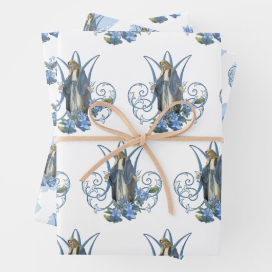 Katholieke Maagd Mary Religieuze Blauwe Floral  Inpakpapier Vel (In situ)
