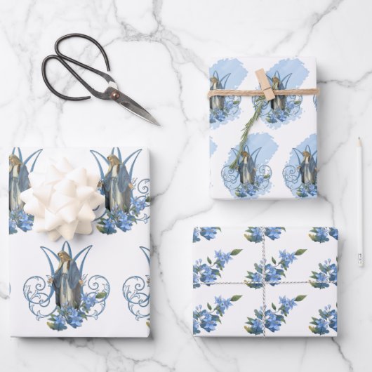 Katholieke Maagd Mary Religieuze Blauwe Floral  Inpakpapier Vel (Voorkant)