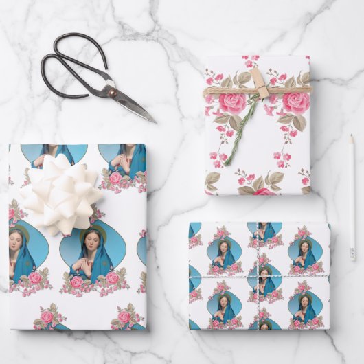Katholieke Maagd Mary Religieuze Roze Roses Inpakpapier Vel (Voorkant)