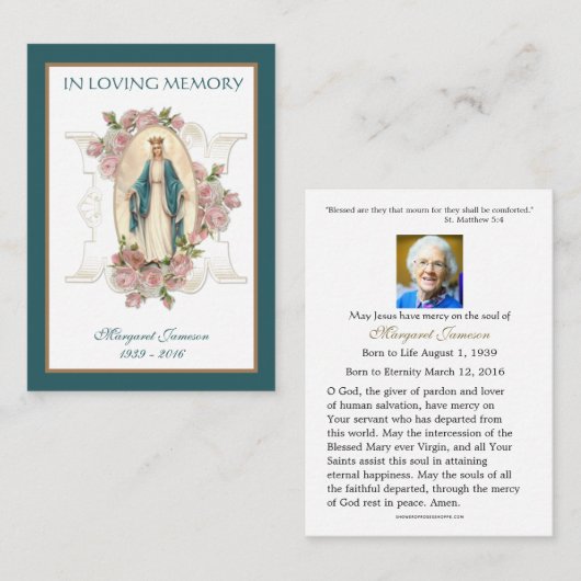 Katholieke Maagd Mary Roos Funeral Sympathie Praye Plaatskaartje (Voorkant / Achterkant)