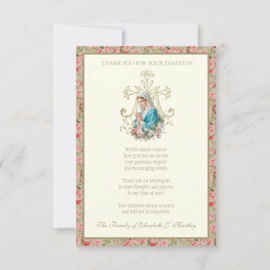 Katholieke Maagd Mary Sympathie Funeral Bedankkaart (Achterkant)