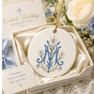 Katholieke Mariamonogram Blauwe Bloemen Keramisch Ornament