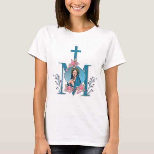 Katholieke Marian Cross Maagd Mary Pink Roses T-shirt (Voorkant)