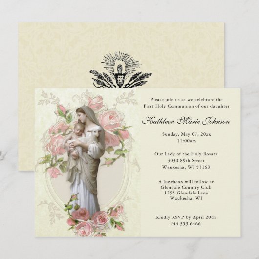 Katholieke Mary Jesus First Commune Uitnodigingen (Voorkant / Achterkant)