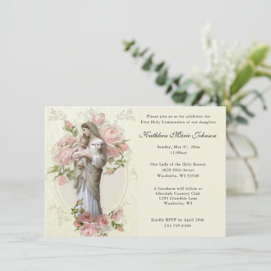 Katholieke Mary Jesus First Commune Uitnodigingen (Staand voorkant)