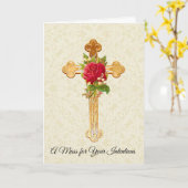 Katholieke mis herdenking met kruis rode roos kaart (Gele Bloem)