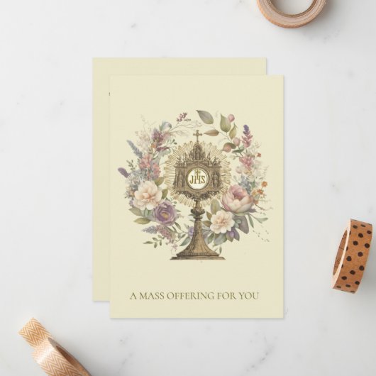 Katholieke mis met Monstrance Floral Notitiekaartje (Voorkant / Achterkant in situ)