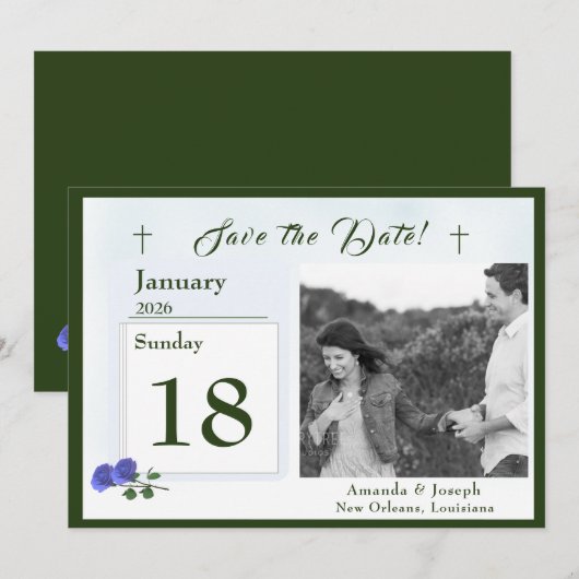 Katholieke mistig blauw en groen save the date (Voorkant / Achterkant)