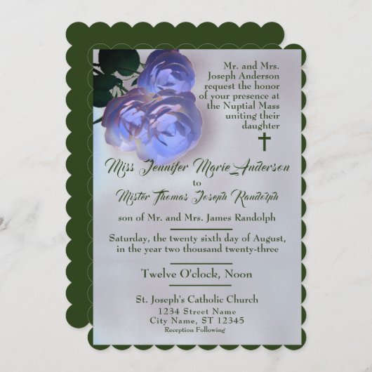 Katholieke Misty Mauve en Green Wedding Invitation Kaart (Voorkant / Achterkant)