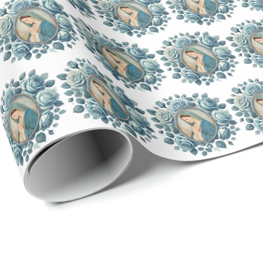 Katholieke Moeder Maria Blauwe Rozen Cadeaupapier (Rol Hoek)