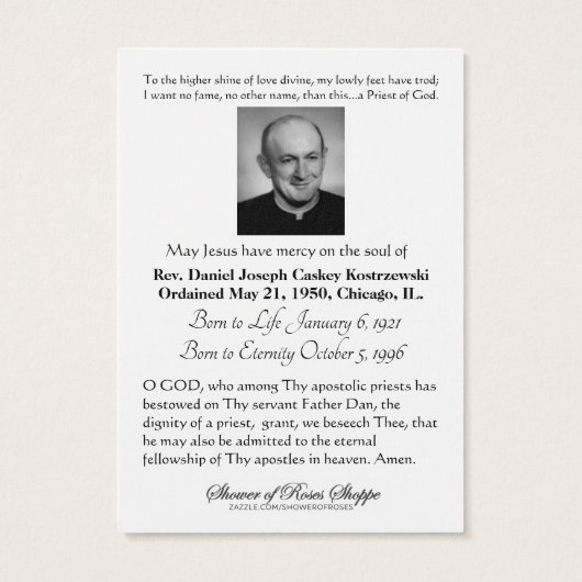 Katholieke priest Funeral Memorial Heilige Kaart - (Achterkant)