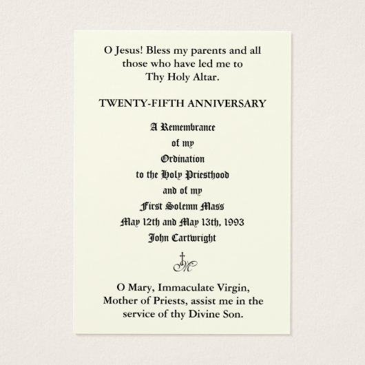 KATHOLIEKE PRIEST JUBILEUM ORDINATION HOLY CARDS VISITEKAARTJE (Achterkant)