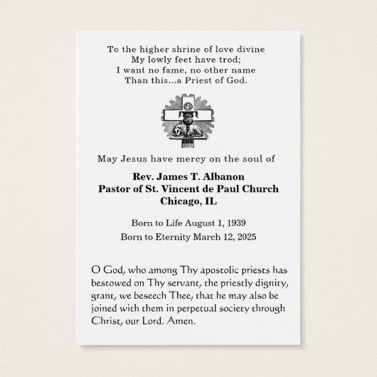 Katholieke priester herdenking gebed visitekaartje (Achterkant)