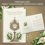 Katholieke priester Jubileum Ordinatie 50 jaar Kaart<br><div class="desc">Met een prachtige kaart voor een katholieke priester die zijn 50ste Jubileum van Ordinatie viert met een Gouden Monstrans en Eucharistie versierd met witte calla lelies. Alle tekst en lettertypen kunnen worden gewijzigd.</div>