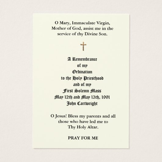 KATHOLIEKE PRIESTERWIJDING HEILIGE KAARTEN VISITEKAARTJE (Achterkant)