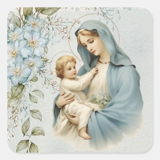 Katholieke Religieuze Bloemen Jezus Maagd Maria Vierkante Sticker (Voorkant)