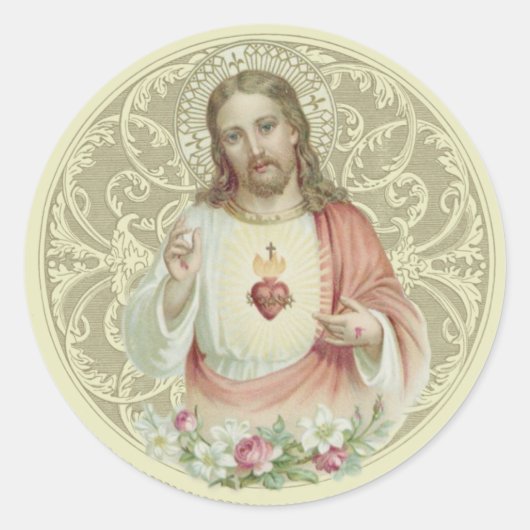 Katholieke Religieuze Heilig Hart Bloemen Jezus Ronde Sticker (Voorkant)