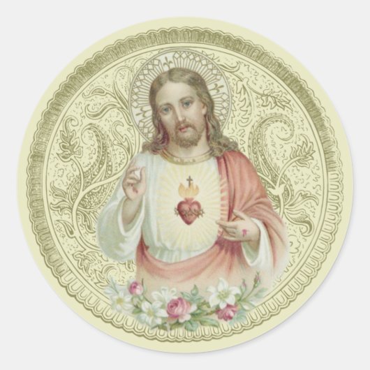 Katholieke Religieuze Heilig Hart Bloemen Jezus Ronde Sticker (Voorkant)