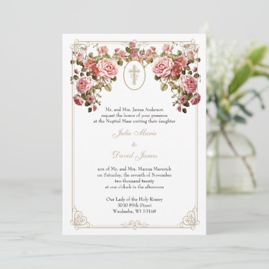 Katholieke Religieuze Huwelijk Gouden Kruis Rozen Kaart (Staand voorkant)