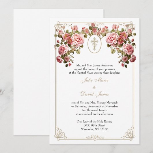 Katholieke Religieuze Huwelijk Gouden Kruis Rozen Kaart (Voorkant / Achterkant)