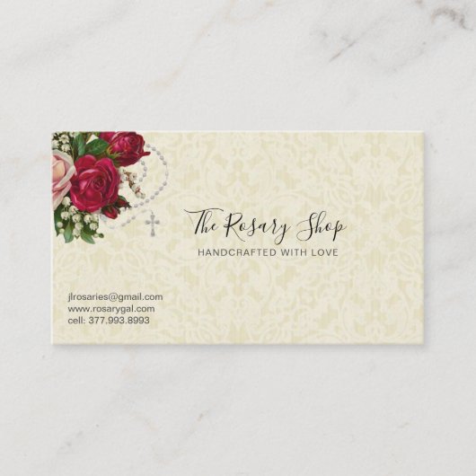 Katholieke Rosary Roze Red Roses Ecru Lace  Visitekaartje (Voorkant)