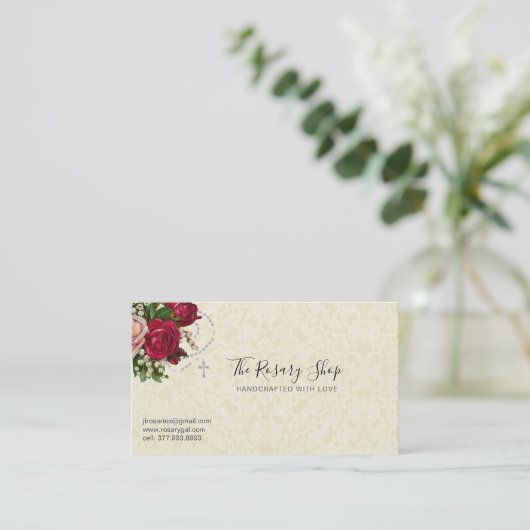 Katholieke Rosary Roze Red Roses Ecru Lace  Visitekaartje (Staand voorkant)