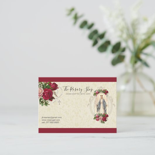 Katholieke Rosary roze Roses Maagd Mary Busine Visitekaartje (Staand voorkant)